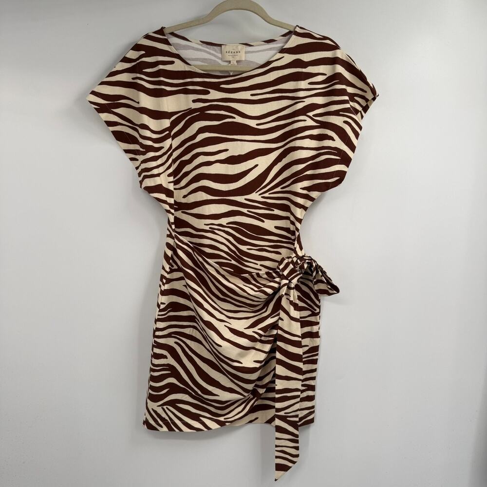 NWT Sezane Sabrina Mini Dress Womens L Brown Cream Zebra Print Tie Waist Stretch - Picture 2 of 10